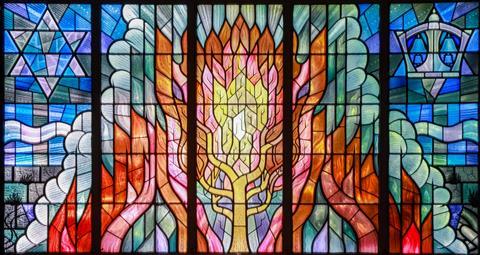 Central stained glass panel - Brighton and Hove Reform Synagogue, Palmeira Avenue, Hove, Sussex - (John Petts- 1966-67) Image - John East