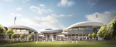 Wilkinson Eyre's Compton and Edrich stands – and Future Systems’ Lord’s Media Centre –  seen from Lord's Nursery Ground 