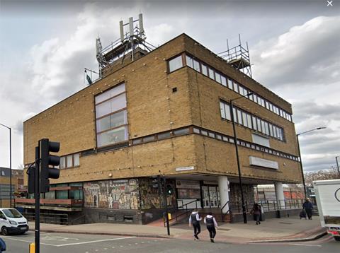 Corner of Peckham Park Road and Old Kent Road with 1965 mural by Adam Kossowski