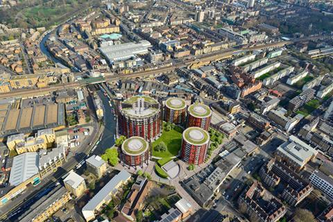 Aerial visualisation of the RSHP proposals for Bethnal Green Gasworks which sit beside the Regent’s Canal, between Broadway Market and Cambridge Heath Road.