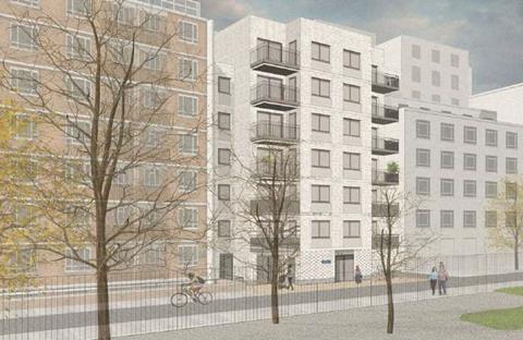 A seven-storey infill block designed for Camden council's Tybalds Estate by Matthew Lloyd Architects