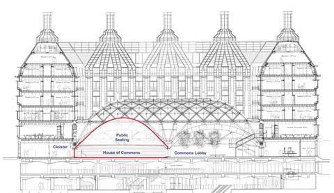 Portcullis House proposal by Michael Hopkins - Long section with House of Commons chamber superimposed