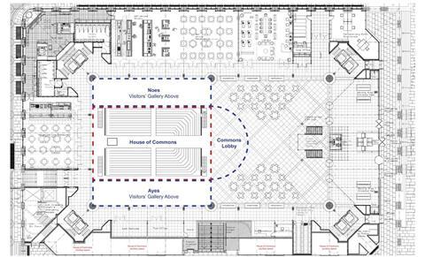 Portcullis House proposal by Michael Hopkins - Ground-floor plan with House of Commons chamber superimposed