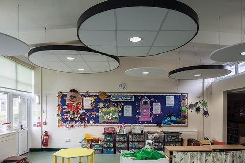 An acoustic ceiling in a classroom for children with cochlear implants at Twydall School, Kent, uses Armstong’s Axiom Circles and Optima Circles canopies.