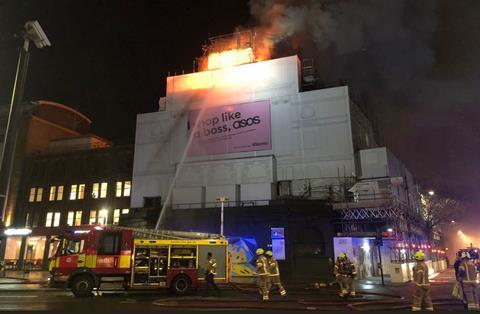 Fire engulfs the roof of Koko in Camden on 6 January 2020
