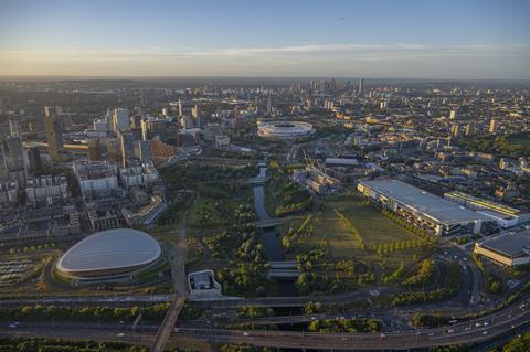 3. Aerial of Queen Elizabeth Olympic Park, showing V&A East Storehouse and V&A East Museum (credit_ Jason Hawkes)