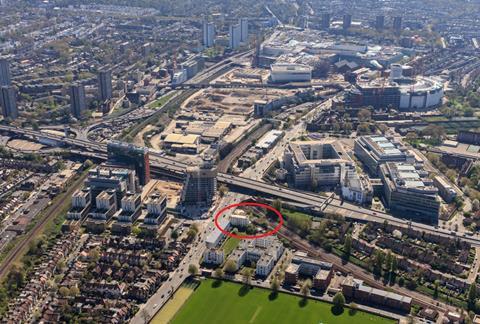 Aerial view of Shepherd's Bush in west London, with Women's Pioneer Housing's current base circled