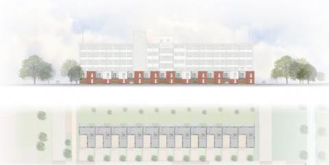 LOM Architecture scheme for Bata shoe factory, East Tilbury - elevation and plan