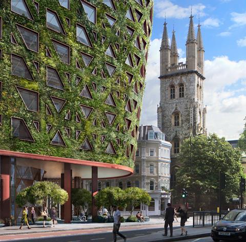 Street-level view of Sheppard Robson's Citicape House hotel proposals. To the far right is the grade I-listed Church of St Sepulchre without Newgate
