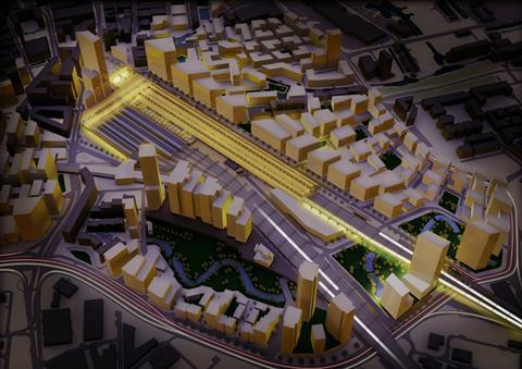 Night view of the scale and massing proposals of Bennetts Associates' regeneration framework for Manchester Piccadilly