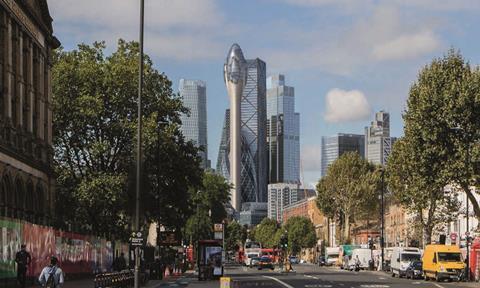 View of Foster & Partner's Tulip proposal, seen from Whitechapel High Street