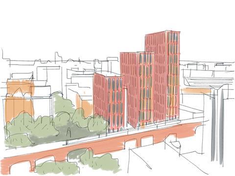 Sketch of Sheppard Robson's Echo Street Scheme in Manchester by partner Rupert Goddard