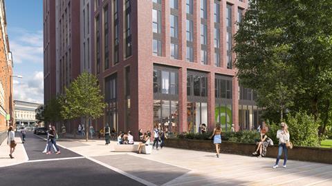 Ground-level view of Sheppard Robson's Echo Street development in Manchester