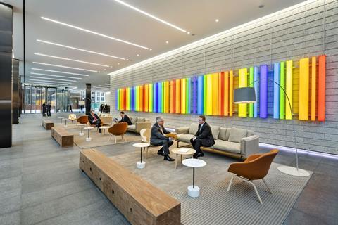 Inside the foyer of Sheppard Robson's One Bartholomew office development in the City of London. The light display spells out the building's name in barcode.