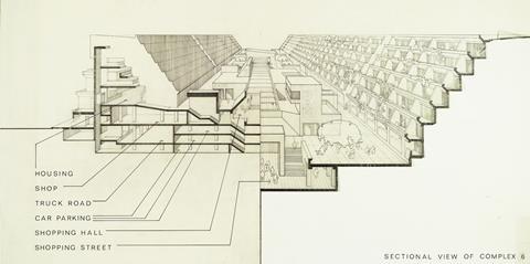 Cross section of Patrick Hodgkinson's Brunswick Centre. Drawing by Birkin Haward c1968
