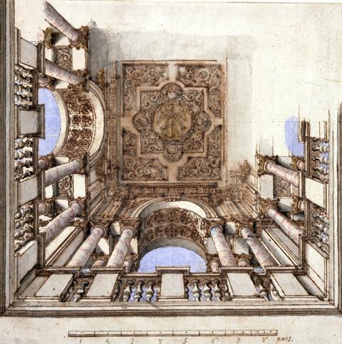 Design for a ceiling early 18 th century Bolognese School, early 18th century Pen and ink watercolour and gouache squared for transfer 231 x 225 mm