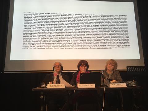 Yvonne Farrell and Shelley McNamara of Grafton at the Venice Biennale press conference in London with biennale president Paolo Baratta