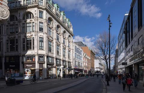 Orms Architects proposals for the corner of Oxford Street and Wells Street. The grade II* listed former Mappin & Webb store is in the foreground