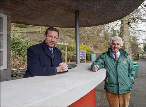 Ed Vaizey at Dudley Zoo with the zoo's chief executive Peter Suddock and a Tecton structure
