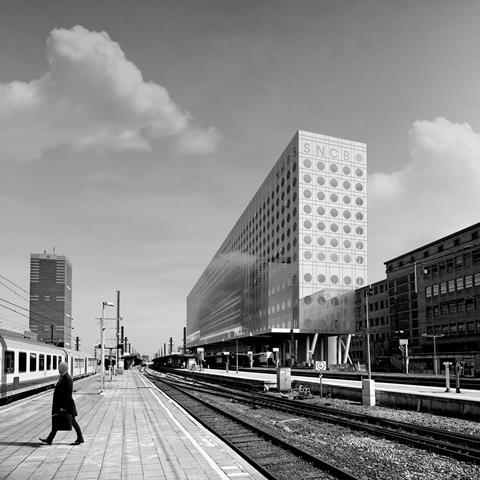OMA's SNCB/NMBS headquarters, seen from a platform at Bruxelles Midi