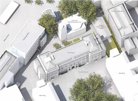 Counter-proposal by Hopkins showing its suggested site for the Maggie's centre at Barts (right) and the slimline extensions at each end of the hospital's North Block, dubbed 'bustles' 