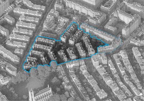 Sutton Estate Chelsea aerial_existing blocks. The redevelopment involves all the blocks bar L and M