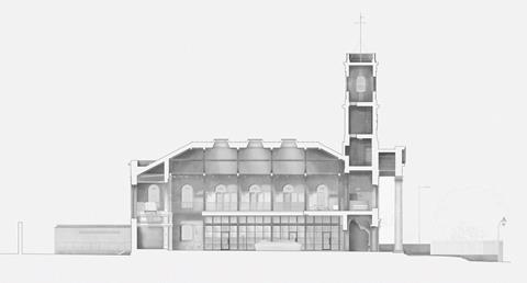 Long section view of Hugh Broughton Architects' proposals for Sheerness Dockyard Church