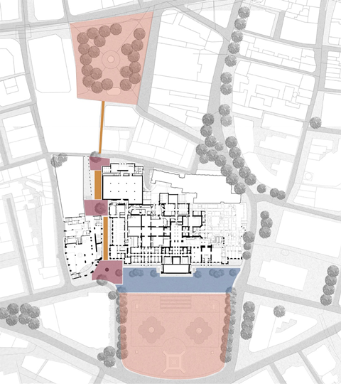 Illustration of how improvements to Jubilee Walk will help facilitate better north to south connections. Red shaded spaces are Leicester and Trafalgar Squares