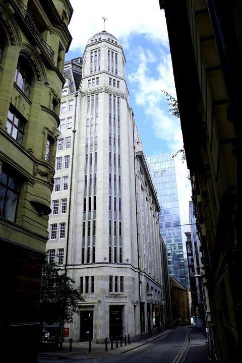 Sunlight House in Manchester, which is grade II listed. The building features a steep mansard roof reflected in FCBS' plans for High Street