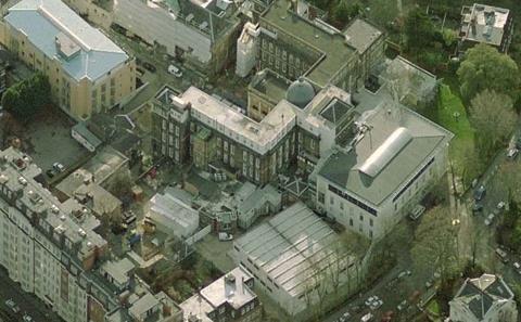 Aerial view of the Hospital of St John and St Elizabeth in north-west London. The temporary facilities that the new theatre wing will replace are at the bottom.
