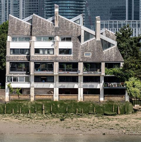 50-56 Ferry Street on the Isle of Dogs, by Stout and Litchfield. The riverside terrace has just been awarded grade II status by Historic England