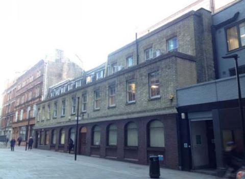 Hand Court in Holborn. The building in the centre of the picture is 18-21; the former pub, which will be retained, is to the left