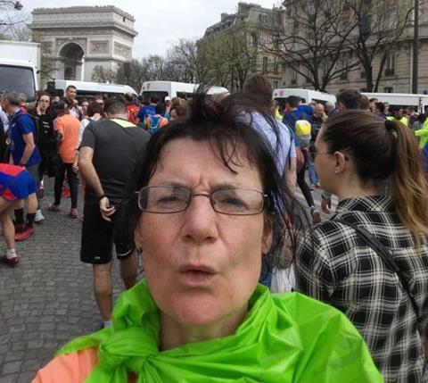 Elain Harwood at the end of the Paris Marathon