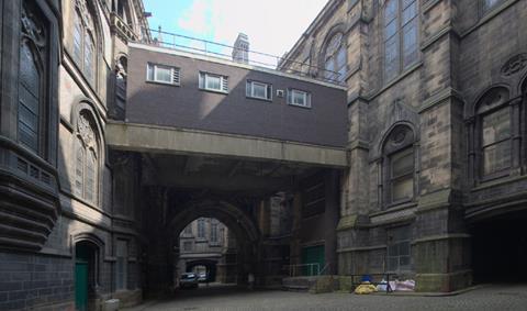 The modern link bridge at Manchester Town Hall