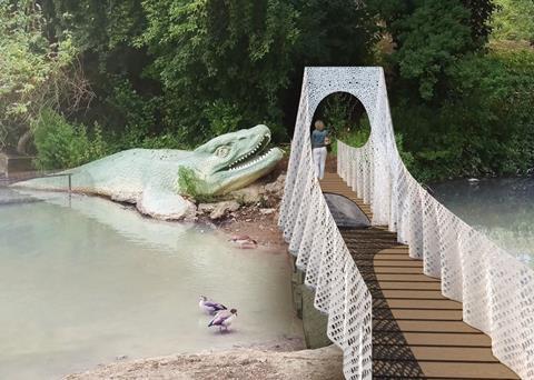 Visualisation of Tonkin Liu's dinosaur bridge at Crystal Palace Park