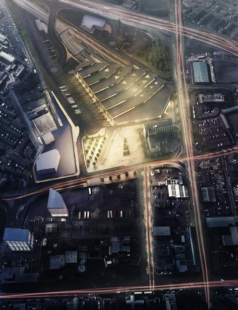 John McAslan and Partners and Arup's Belfast Transport Hub: aerial view by night