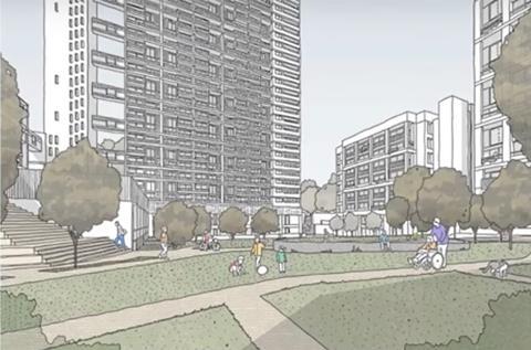 Early Edenham-Trellick proposal - Cheltenham estate - - indicative view of central open space from S with 2 new bdgs- Haworth Tompkins