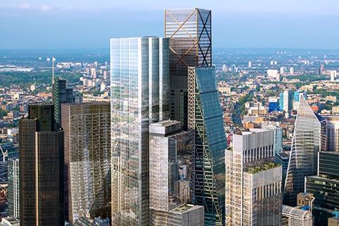 CGI of the City's tall buildings cluster with 22 Bishopsgate and Eric Parry's yet-to-be constructed 1 Undershaft