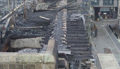 Still from drone footage showing the extent of the fire damage suffered by the Mackintosh Building