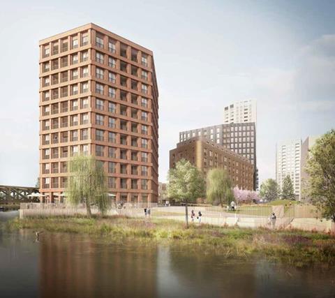 BPTW Architecture's 11-storey riverside block, which forms part of its four-building plans for Imperial Street in Bromley-by-Bow, east London