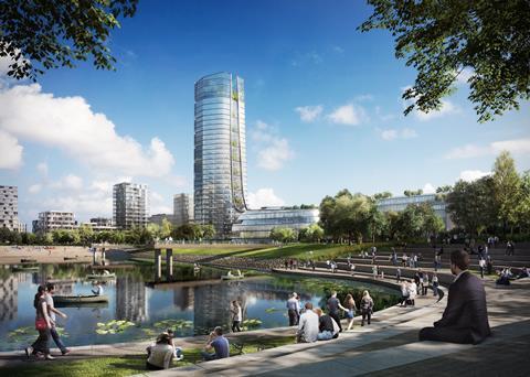 Foster and Partners - MOL campus Budapest - view from lake towards tower