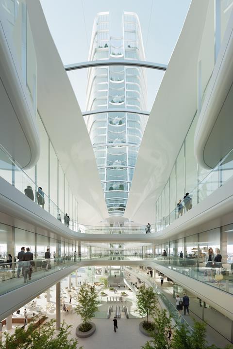 Foster and Partners - MOL campus Budapest - view from atrium towards tower daytime