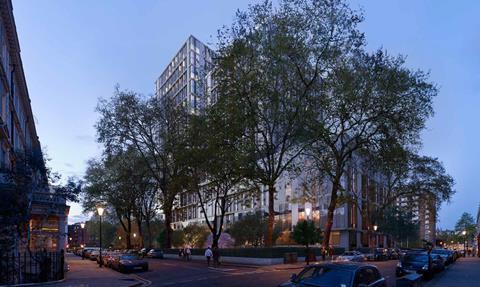 SimpsonHaugh's Kensington Forum proposals, seen from across the scheme's garden square