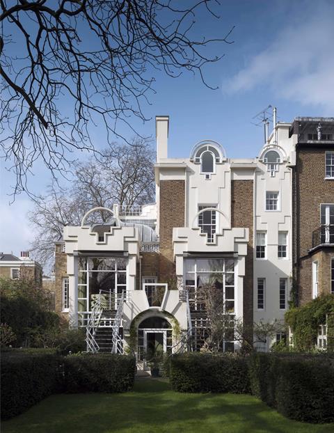 Thematic House, aka Elemental House, Cosmic House; 19 Lansdowne Walk, Kensington & Chelsea, Greater London. Charles Jencks with Terry Farrell, 1979-85.Rear elevation from south. copyright Hist