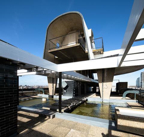 The roof garden of Great Arthur House at Golden Lane Estate, City of London, designed and constructed over 10 years from 1952 by Chamberlin Powell and Bon 