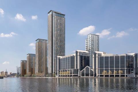 PLP's Westferry Printworks scheme seen from the south-east, across Milwall Outer Dock