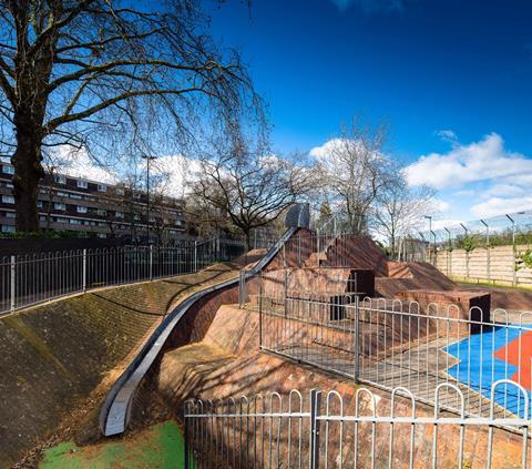 Surviving slide and play area within the landscape at Brunel Estate, Westbourne Park Road, Paddington, London
