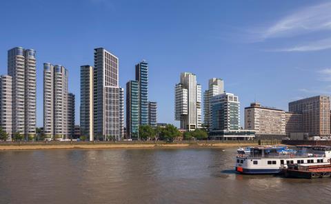 Make Architects' Albert Embankment scheme, reworked by Jestico & Whiles, alongside high-end schemes by Fosters, RSHP and EPR