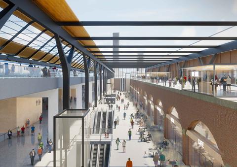 Proposals for an enhanced station at Manchester Piccadilly, created by Bennetts Associates for Greater Manchester Combined Authority's 'The Stop Is Just The Start' strategy document