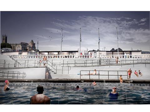 Jubilee Pool Cafe - View from pool -  Jubilee Pool in Penzance by Scott Whitby Studio